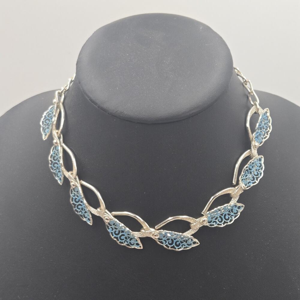 Vtg West Germany Blue Enameled Light Weight Dainty Necklace 16” Filagree Choker
